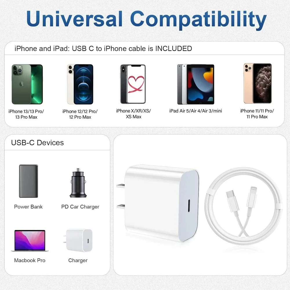 2-Pack 20W USB-C Fast Charger Block with 10ft MFi Lightning Cable